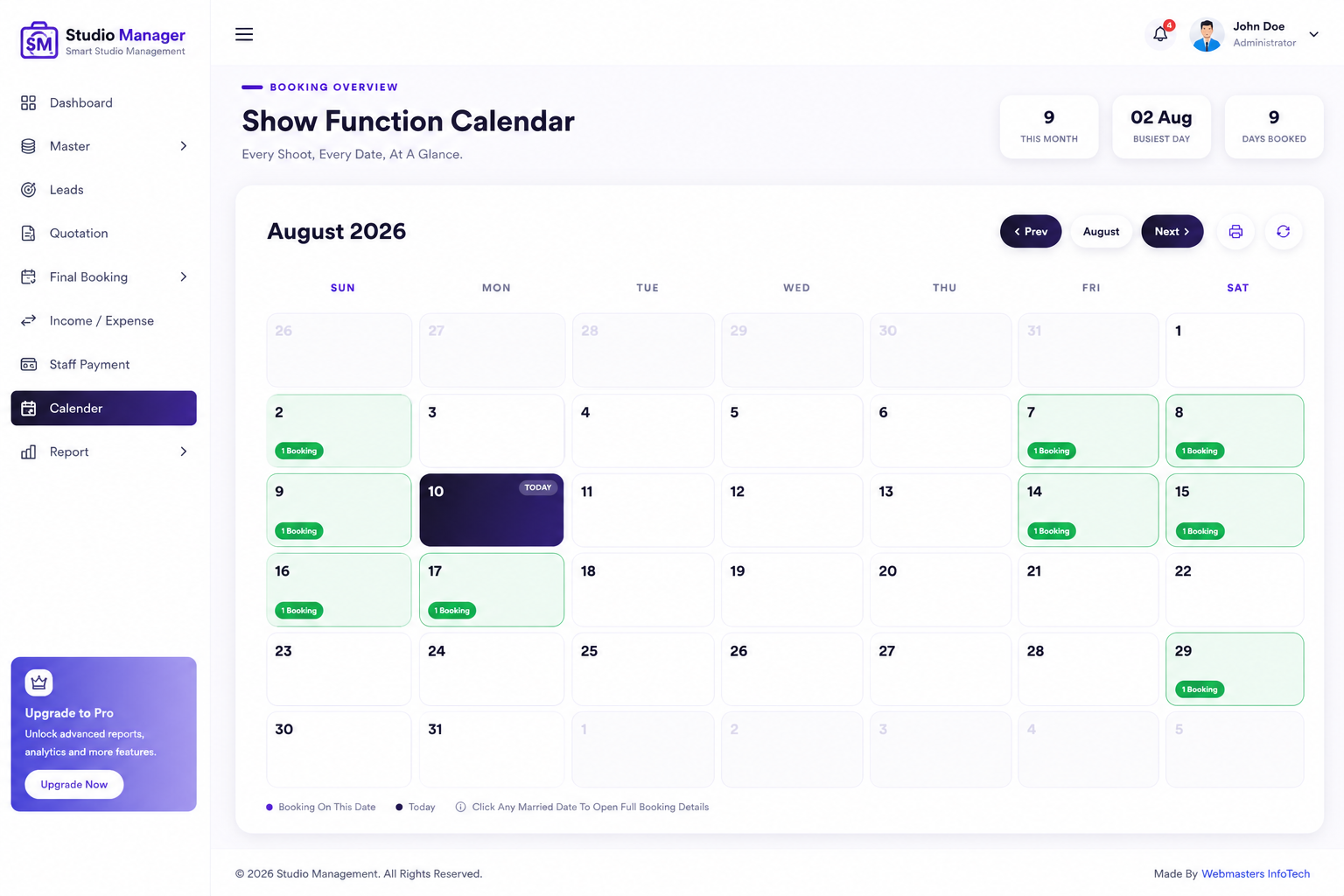 Studio booking calendar
